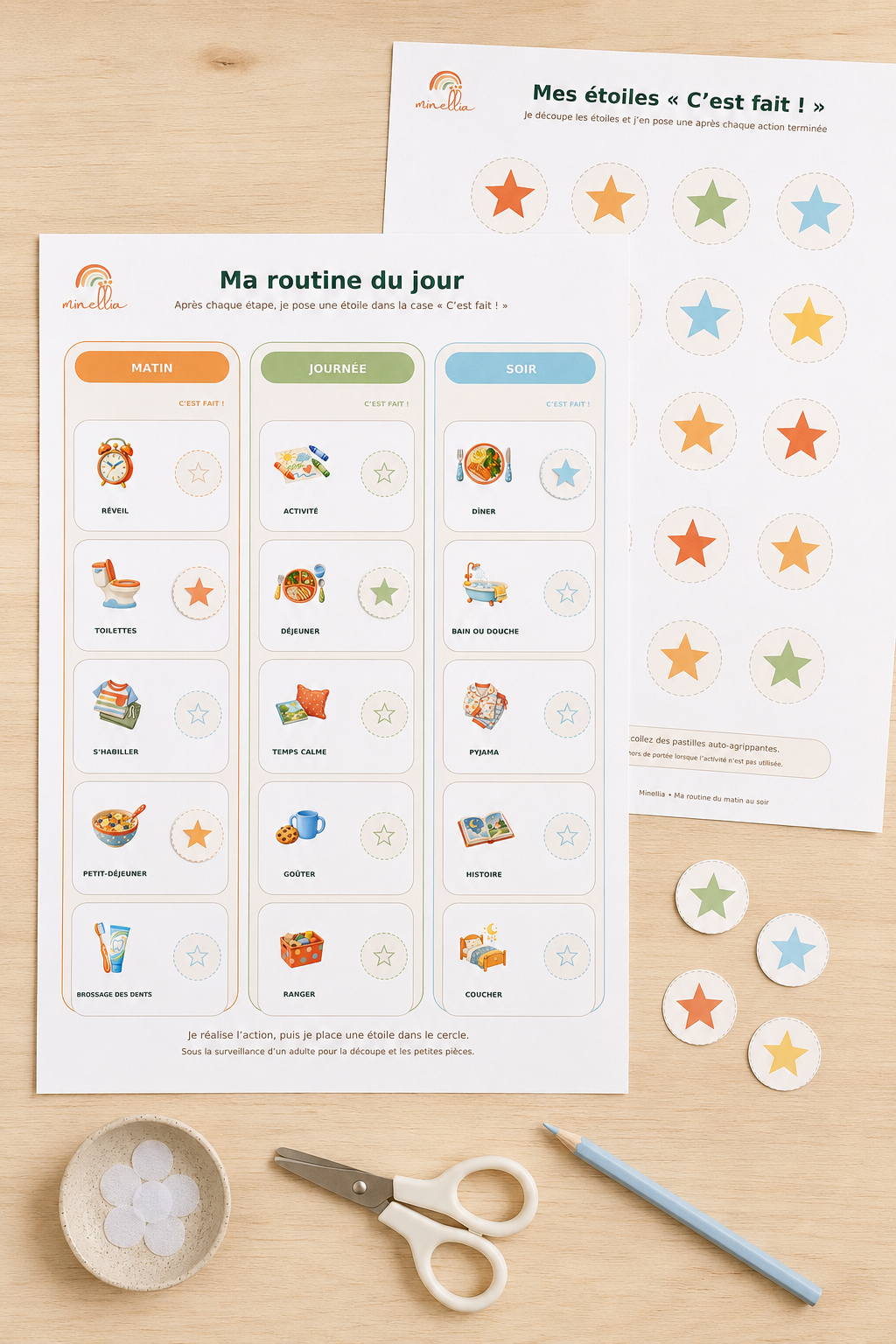 Ma routine du matin au soir : tableau illustré et étoiles à découper